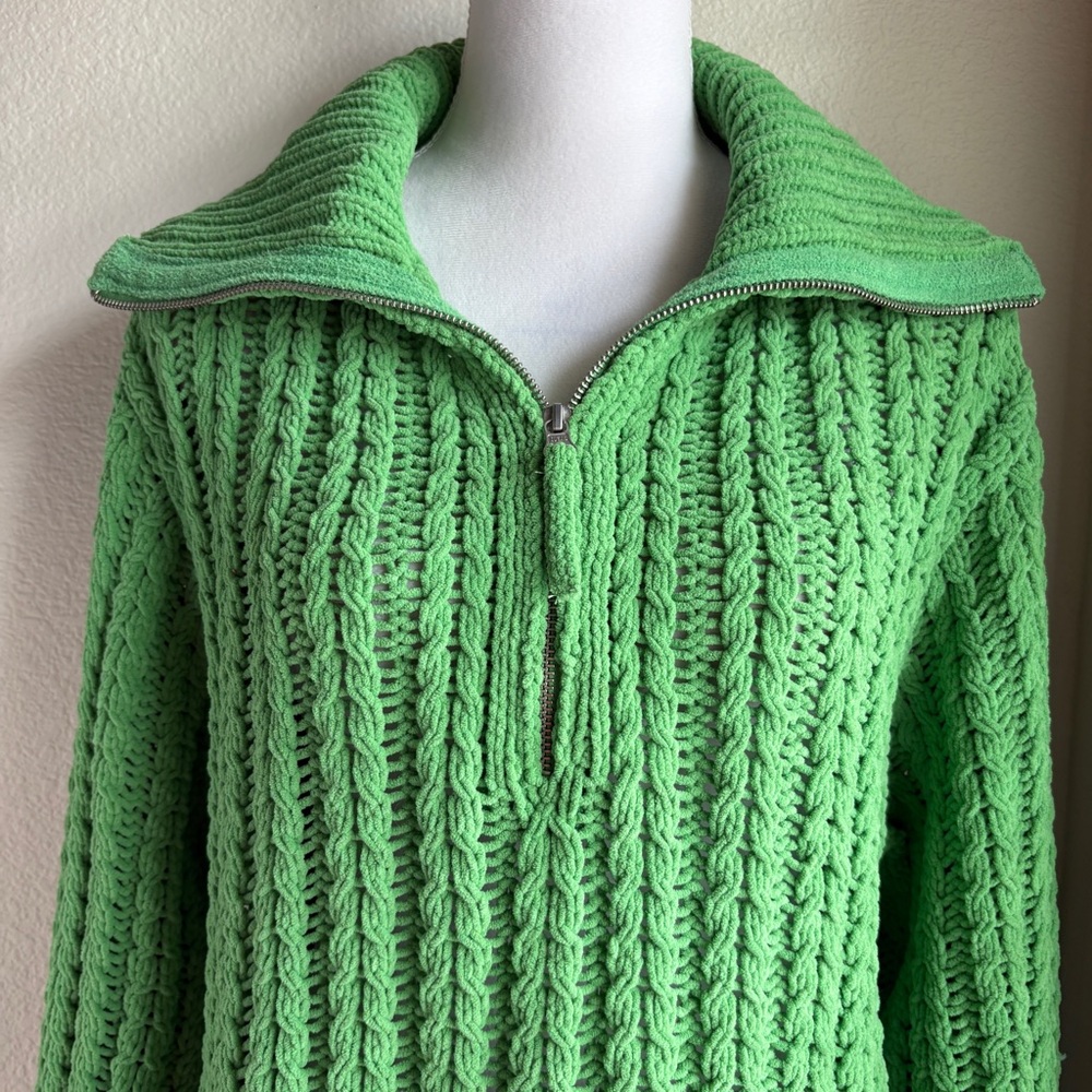 Aerie Cable Car Quarter Zip Sweater in Green Knit XS - Picture 3 of 7